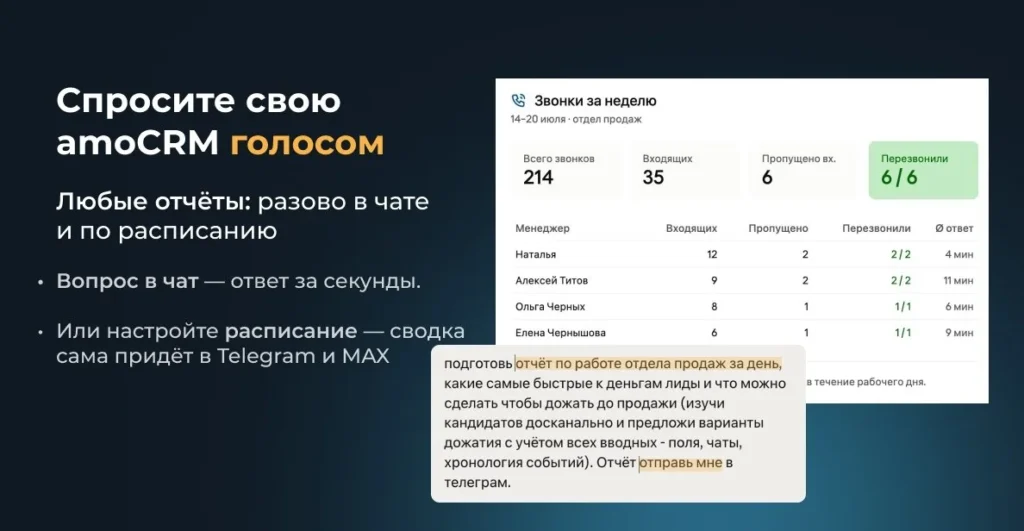 Отчёт по звонкам за неделю, собранный агентом по вопросу в чате: 214 звонков, 6 пропущенных входящих, по всем перезвонили