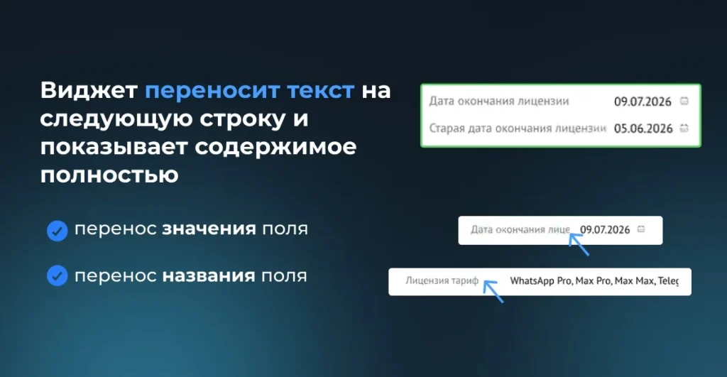 Было и стало: обрезанные «Дата окончания лице…» и «Лицензия тариф» — и те же поля с перенесённым на вторую строку названием и полным значением